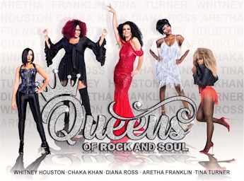 A poster with pictures of women singers dressed as Diana Ross, Tina Turner, Whitney Houston and more.