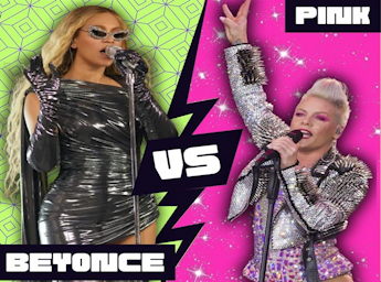 A picture of two women singing as Beyoncé and Pink.
