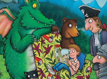 A drawing of Charlie reading a book, surrounded by a dragon, a bear, a pirate and a knight.