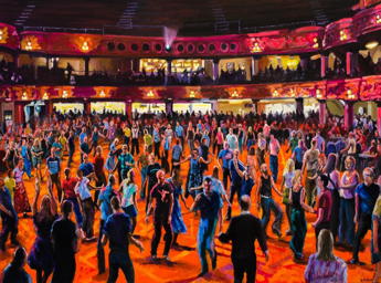 A drawing of people dancing in the tower ballroom.